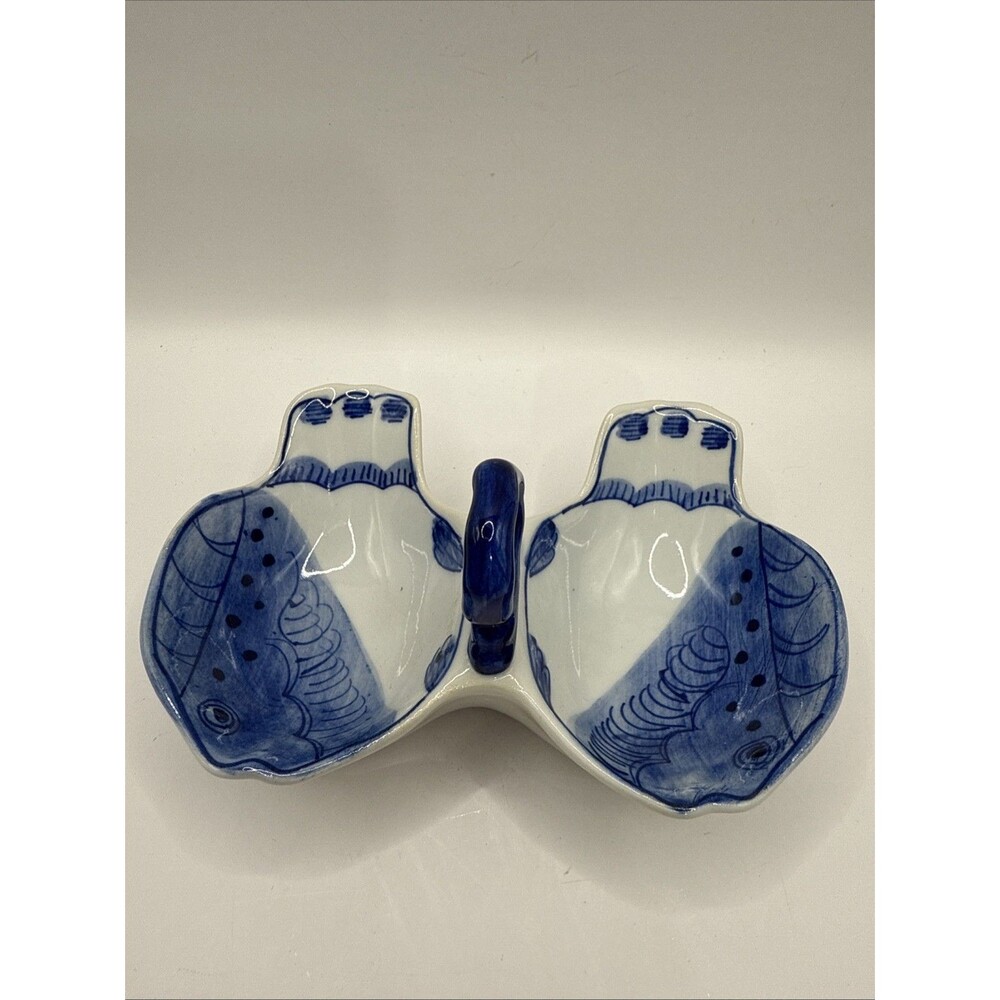Blue Fish Shaped Double Dip Serving Bowl Dish Sushi Sauce